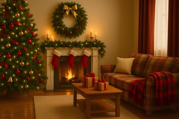 Cozy Christmas Living Room with Fireplace, Decorated Tree, Stockings, and Wrapped Gifts – Warm Festive Interior with Holiday Lights, Plaid Sofa, and Wreath for Family Celebration