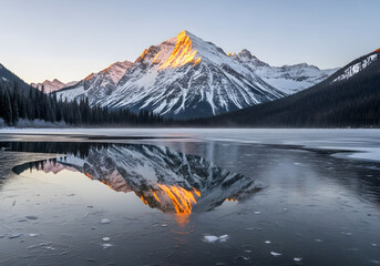 Mountain Reflection Winter Landscape at Golden Hour in Frozen Lake
