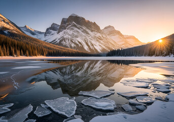 Soft sunrise glow on icy lake surface with floating patterns near snow-clad mountains