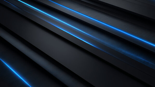 Dynamic abstract composition with sleek black panels and vibrant blue neon lines, perfect for modern design projects and technological concepts