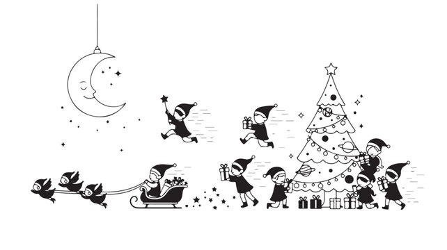 Black and white cat and mouse cartoon illustration with Christmas tree and winter holiday snow decoration