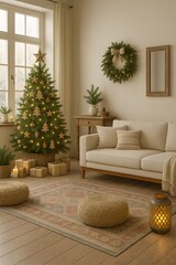 Vertical Warm Neutral Christmas Living Room with Beige Sofa and Decorated Tree – Scandinavian Holiday Interior with Candles, Wreath, Gifts and Cozy Natural Atmosphere