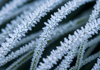 Macro shot of ice crystals on grass blades, capturing detailed textures and beauty