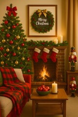 Vertical Classic Christmas Living Room with Fireplace and Decorated Tree – Warm Holiday Interior with Red Stockings, Wreath, Candles and Cozy Festive Atmosphere
