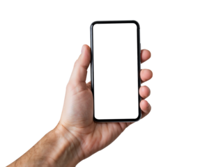 Hand holding smartphone display mock up isolated on transparent background