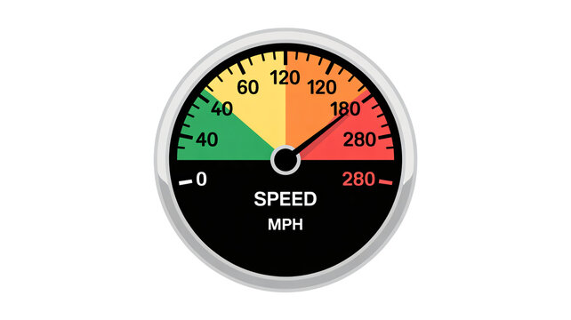 Dynamic speed gauge shows rapid acceleration and high velocity