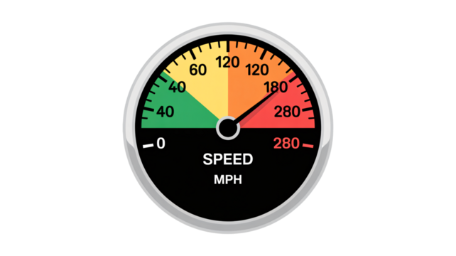 Dynamic speed gauge shows rapid acceleration and high velocity
