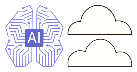 AI circuit brain design paired with two simple cloud outlines, symbolizing artificial intelligence, data storage, and technology synergy. Ideal for innovation, machine learning, neural processing