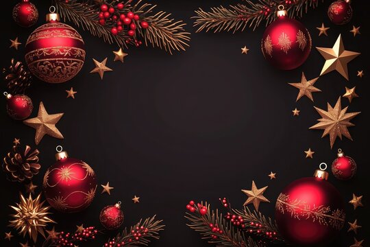 Christmas background with red ornaments, stars, and pine branches for greeting cards and banners