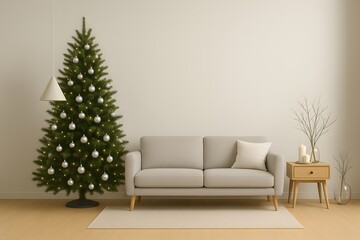 Minimalist Christmas Living Room with Gray Sofa and Decorated Tree – Scandinavian Holiday Interior with Wooden Furniture, Warm Lighting and Neutral Modern Aesthetic