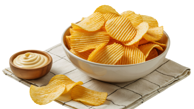 Crispy ridged potato chips with creamy dip on checkered cloth