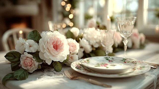 Elegant floral table setting with vintage dinnerware