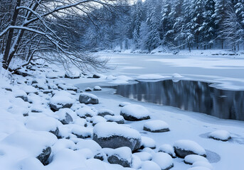 Winter wonderland Frozen riverbank with snow-covered stones and scenic landscape