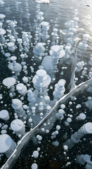Vertical view of frozen methane gas bubbles trapped in clear lake ice patterns