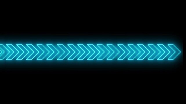 A glowing neon pattern of multiple chevron arrows pointing to the right, aligned in a horizontal row. The arrows have a bright orange-gold neon glow on a dark background,