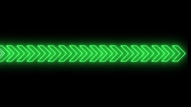 A glowing neon pattern of multiple chevron arrows pointing to the right, aligned in a horizontal row. The arrows have a bright orange-gold neon glow on a dark background,
