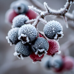 Frozen Berries on a Frosty Branch in Close-Up Detail