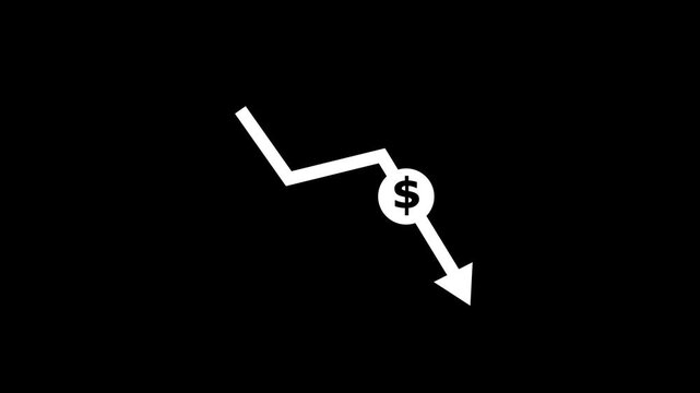 Flat magenta arrow pointing downward through a bold Bitcoin symbol on a black background, representing a sharp decline in cryptocurrency value