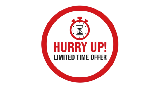Hurry up limited time offer promotion badge with stopwatch timer icon design