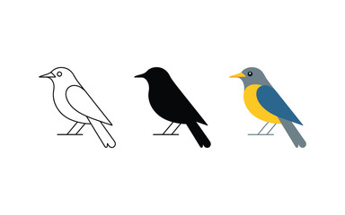 Three stylized birds in outline silhouette and full color