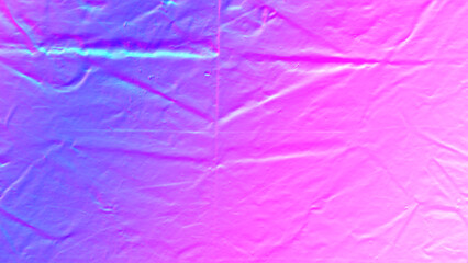 Holographic Crumpled Plastic Texture. Neon Pink and Purple Iridescent Background.