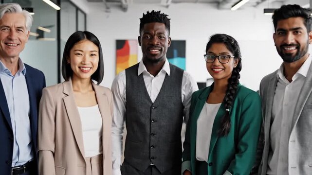 Diverse business team poses for a group portrait in a modern corporate office space