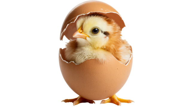 Adorable newborn chick emerges from cracked eggshell, symbol of new beginnings