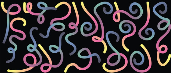 Colorful gradient lines elegantly twist and curl across a solid black backdrop creating abstract shapes