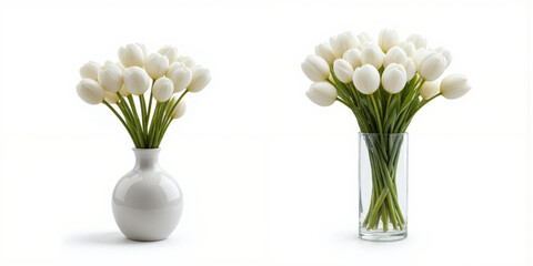 Obraz premium Set Two Vases White Flowers Isolated Transparent Background Simple Ceramic Glass Decor Element Still Life Arrangement Minimalist Elegant Clean Tulip