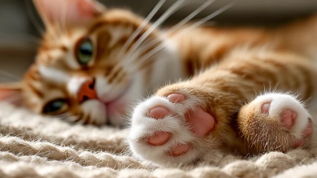 あくびと伸びの瞬間を前足の肉球と爪先に寄せて描く茶トラ猫、人物なし