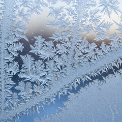 Macro view of intricate ice frost patterns forming on a cold glass window pane