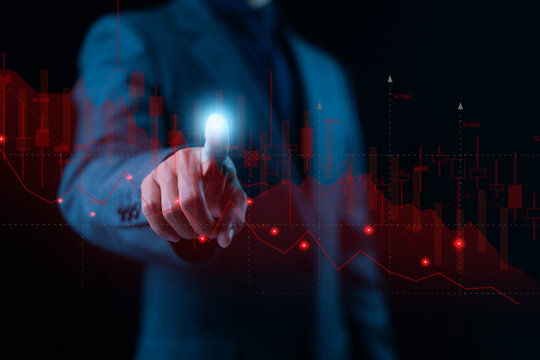 Businessman analyzing red financial graph showing market decline and stock loss, symbolizing economic downturn, risk management, and financial crisis concept.