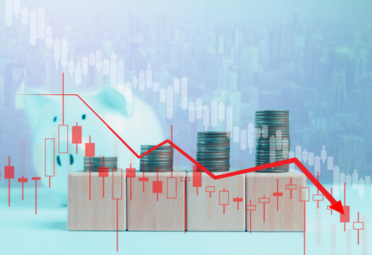 Financial crisis and economic downturn concept with red declining graph, stack of coins, and piggy bank symbolizing loss, inflation, and market recession risk.