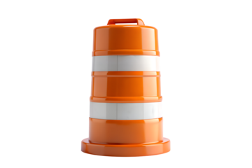 Bright orange traffic barrel with reflective white stripes for road construction and safety management isolated on transparent background