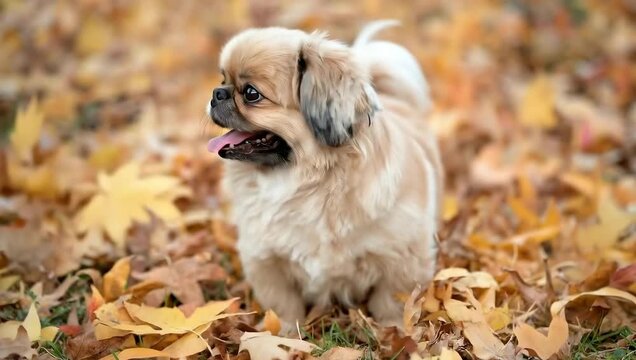 Adorable pekingese dog playing in autumn leaves: cute puppy enjoying fall season outdoors in nature park