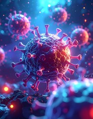 Detailed 3D rendering of coronavirus with vibrant colors and intricate details.