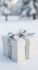 Elegant white gift box with a delicate silver ribbon rests on fresh snow in winter