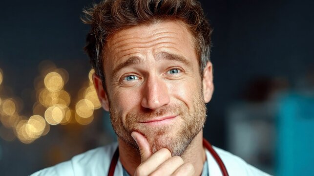 A male doctor with a beard and blue eyes is looking at the camera with a thoughtful expression, his hand resting on his chin. - Powered by Adobe