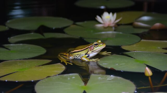 A green and brown frog sits on a lily pad in a dark pond, with a white water lily blooming in the background.