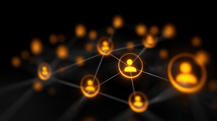 A network of connected user icons illuminated in orange against a dark background, representing online communication or social connections.