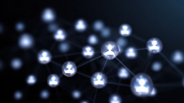 A digital network illustration featuring interconnected spheres representing individuals, conveying themes of connectivity and communication.