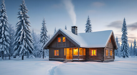 Winter Cabin Retreat Cozy Wooden Home in Snowy Landscape with Warm Lights
