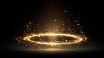 A glowing circular ring of light surrounded by sparkling particles against a dark background, creating a mystical atmosphere.