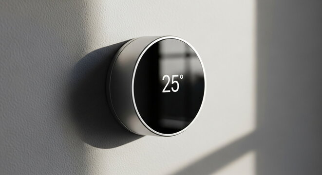 A smart thermostat displaying the temperature in degrees Celsius on the wall showcases modern climate control and energy efficiency in the home. On a clean, minimalist wall.