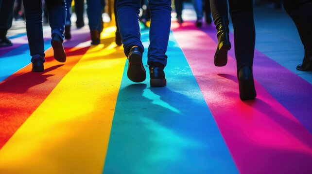 People walking on rainbow-colored path, symbolizing diversity and inclusion
