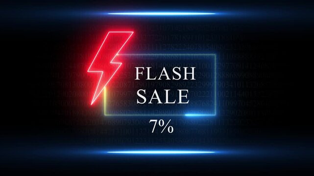 Neon flash sale announcement with 7 percent discount and digital background percentage