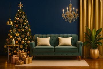 Luxury Christmas Living Room with Blue Wall, Gold Decor and Green Sofa – Elegant Holiday Interior with Christmas Tree, Chandelier, Gift Boxes and Warm Festive Lighting