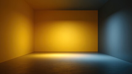 A minimalist room illuminated with warm yellow and cool blue lights, creating a serene and modern atmosphere.
