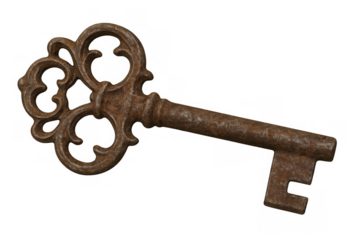 Ornate antique rusty skeleton key symbolizing access, mystery, security, and secrets on a transparent background