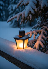 Cozy Lantern Light A Winter's Evening Scene in a Snowy Landscape